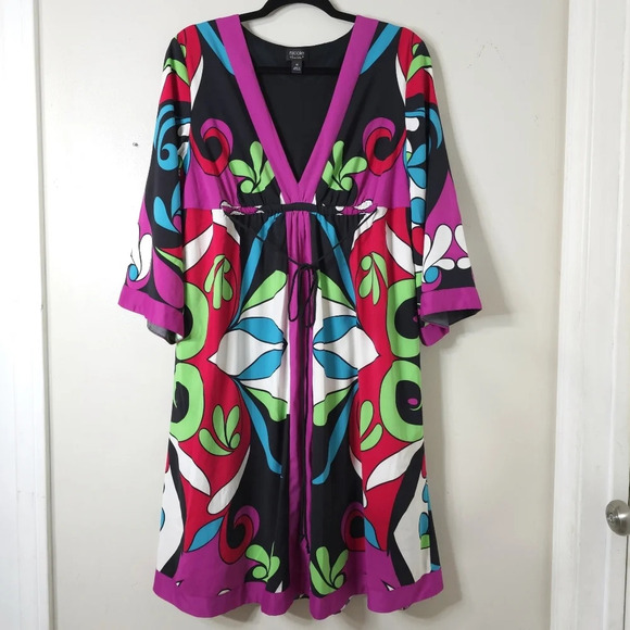 NICOLE MILLER 3/4 Sleeves Vibrant Colorful Retro Boho Dress with Waist Tie, 14 - Picture 2 of 15